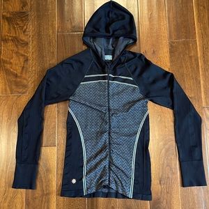 Athleta Light Hoodie Front Zip Black Gray Ribbed Size Medium
